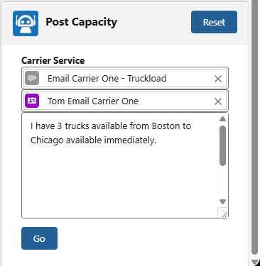 The text to truck posting component showing matching Carrier Service and Contact information.